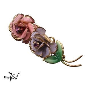 Vintage Enameled Flower Pin Brooch Made in Austria Pink and White 2.5" - Hey Viv